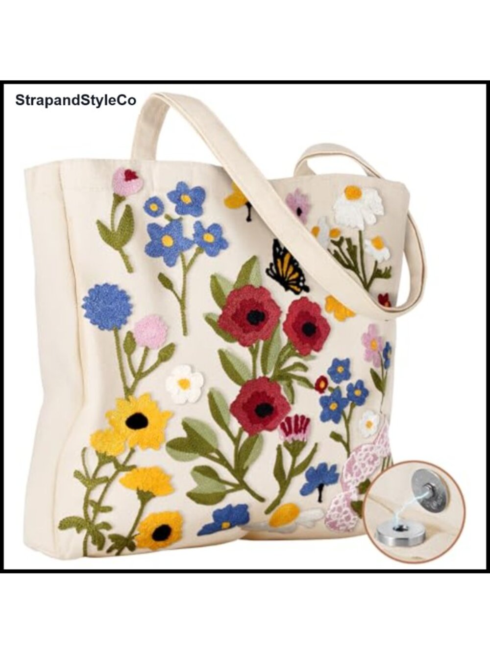 Buckle Embroidery Canvas Tote Bag Reusable Grocery Shopping Bag